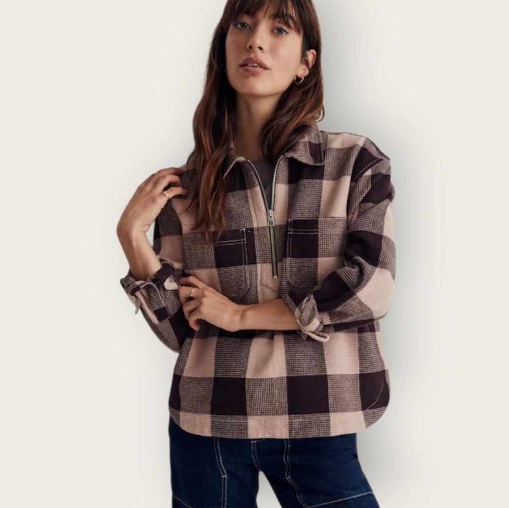 MADEWELL Waffle Half Zip Popover Shirt In Warm Sandstone Buffalo Plaid XL